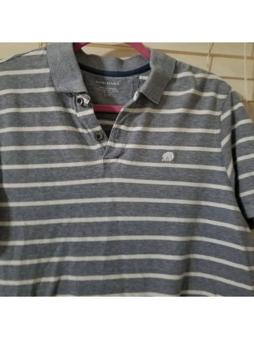 Banana Republic Mens Gray & White Striped Polo Shirt Size Large 100% Cotton Shor